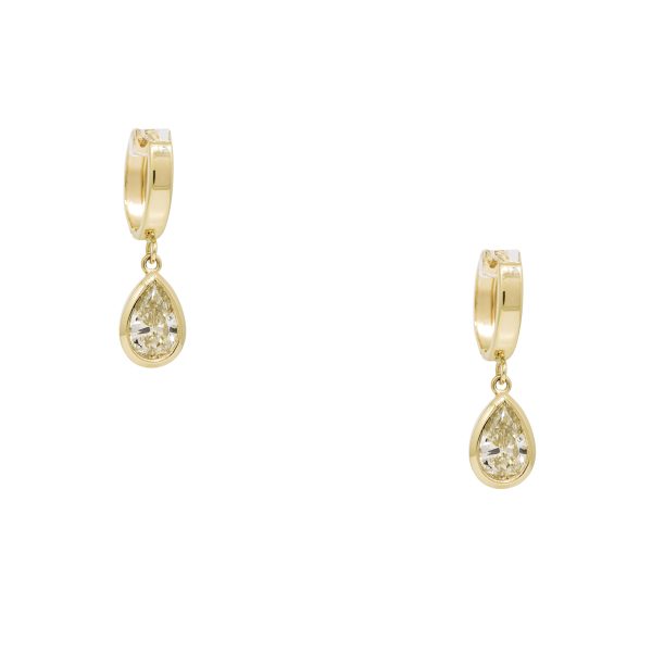 14k Yellow Gold Natural 1.94 Carat Pear-Shape Diamond Huggie Drop Earrings