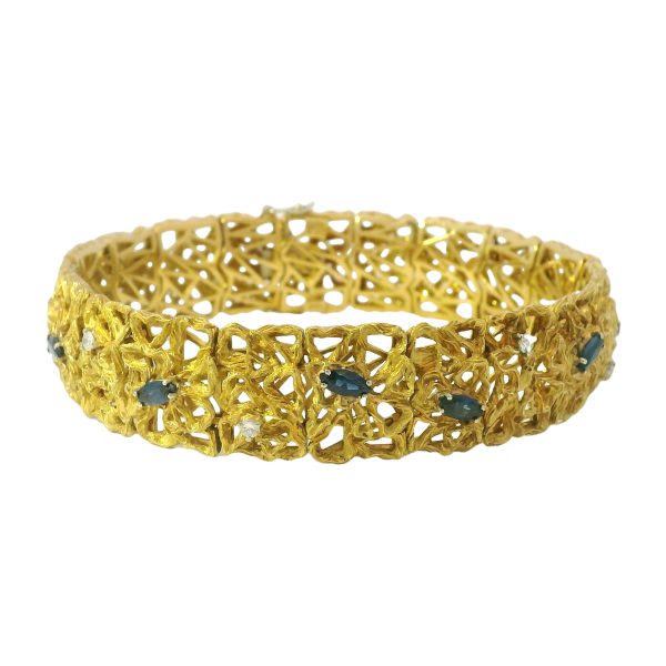 18k Yellow Gold Sapphire & Diamond Open-Work Solid Bracelet