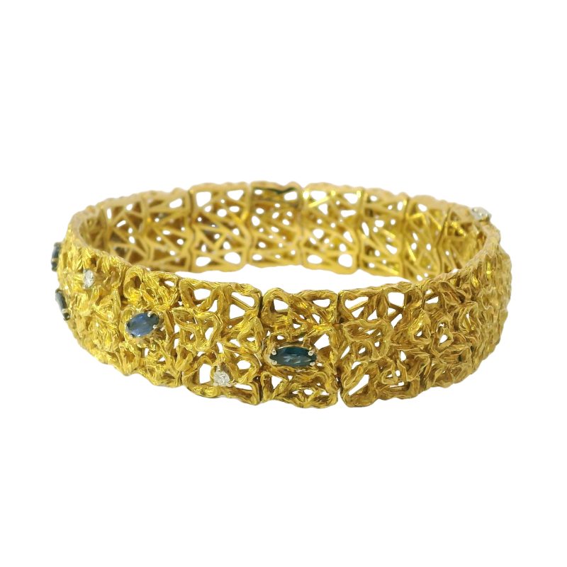 18k Yellow Gold Sapphire & Diamond Open-Work Solid Bracelet