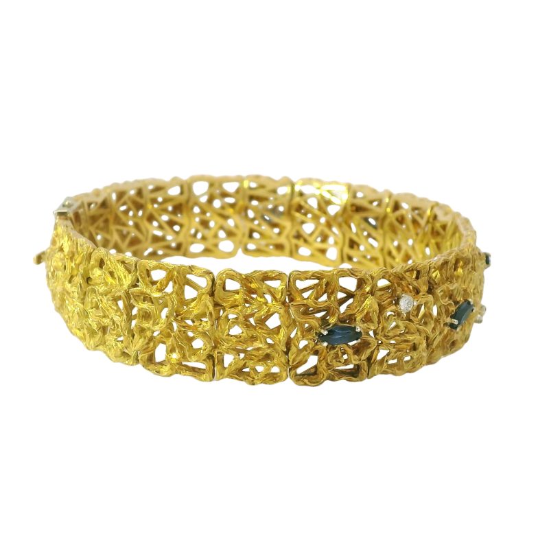 18k Yellow Gold Sapphire & Diamond Open-Work Solid Bracelet