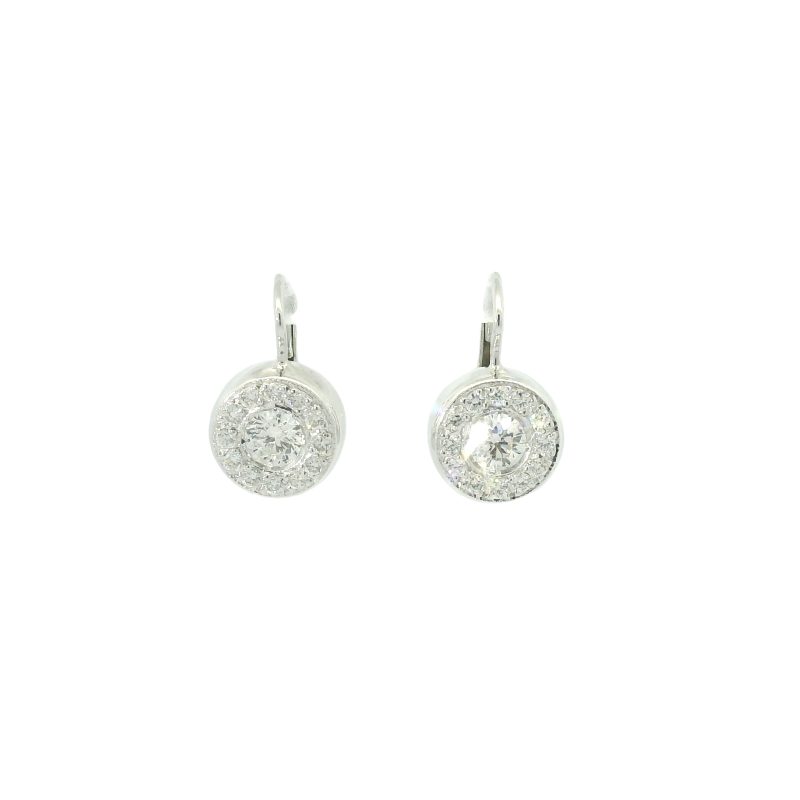 18k White Gold Natural 1.50 Carat Diamond Bezel Set Halo Drop Earrings