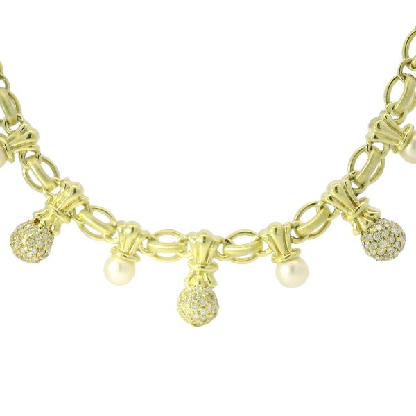 14k Yellow Gold Natural 1.80 Carat Diamond Pave & Pearl Drop Link Necklace