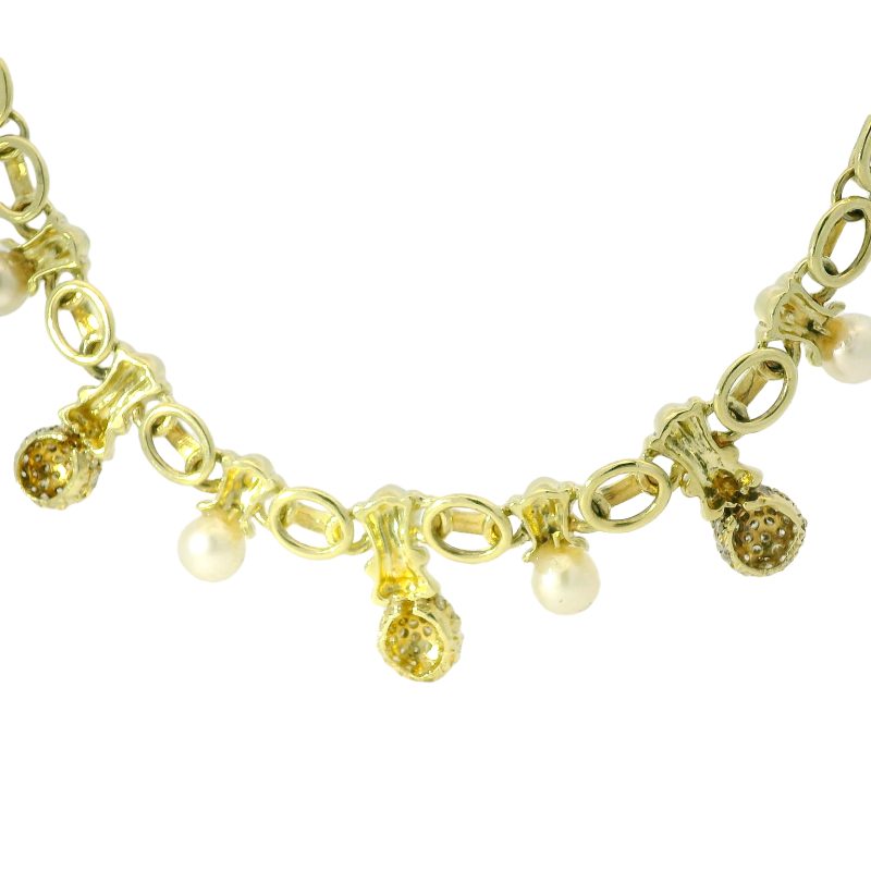 14k Yellow Gold Natural 1.80 Carat Diamond Pave & Pearl Drop Link Necklace