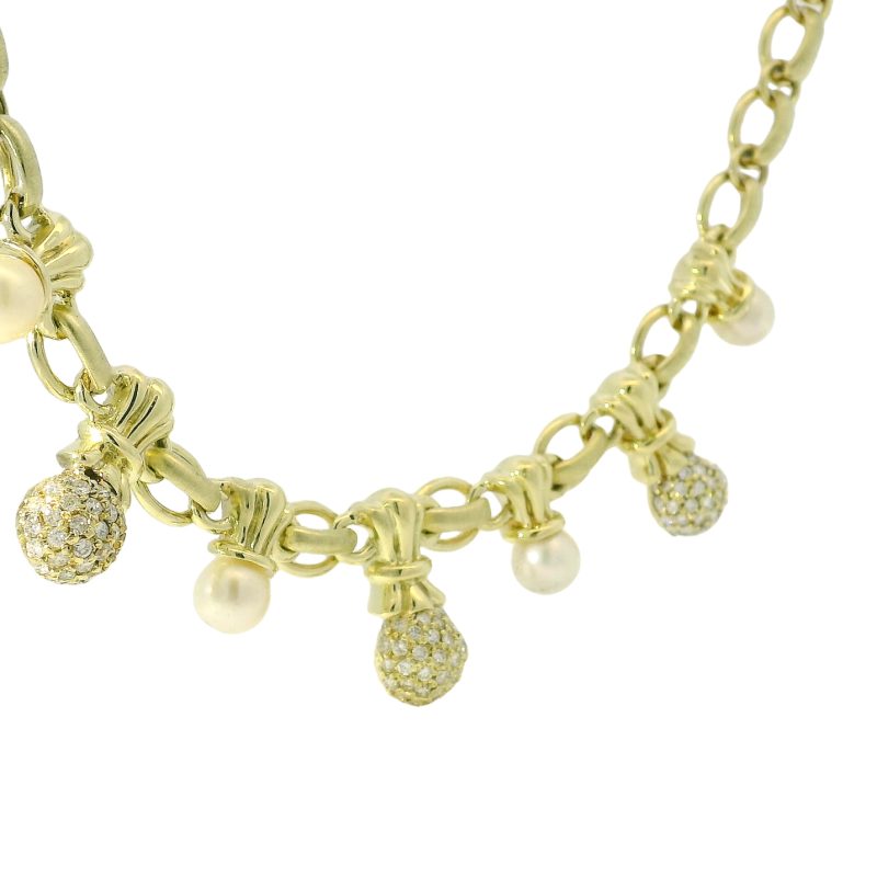 14k Yellow Gold Natural 1.80 Carat Diamond Pave & Pearl Drop Link Necklace