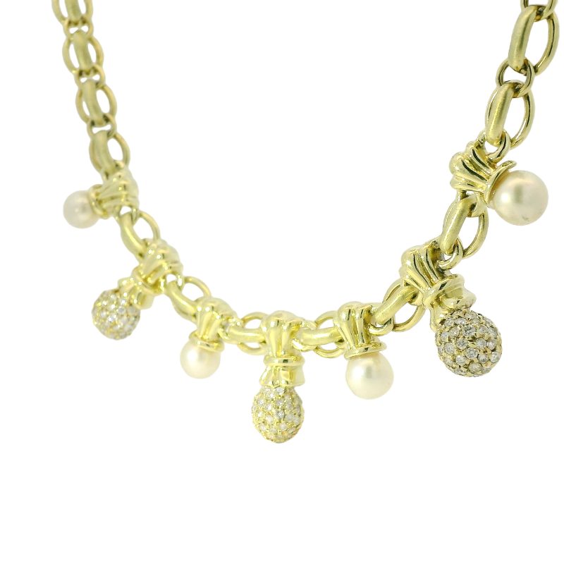 14k Yellow Gold Natural 1.80 Carat Diamond Pave & Pearl Drop Link Necklace