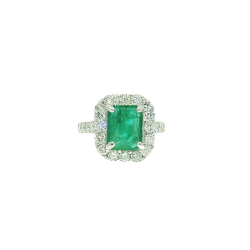 18k White Gold Natural 3.95 Carat Emerald & Natural Diamond Halo Ring