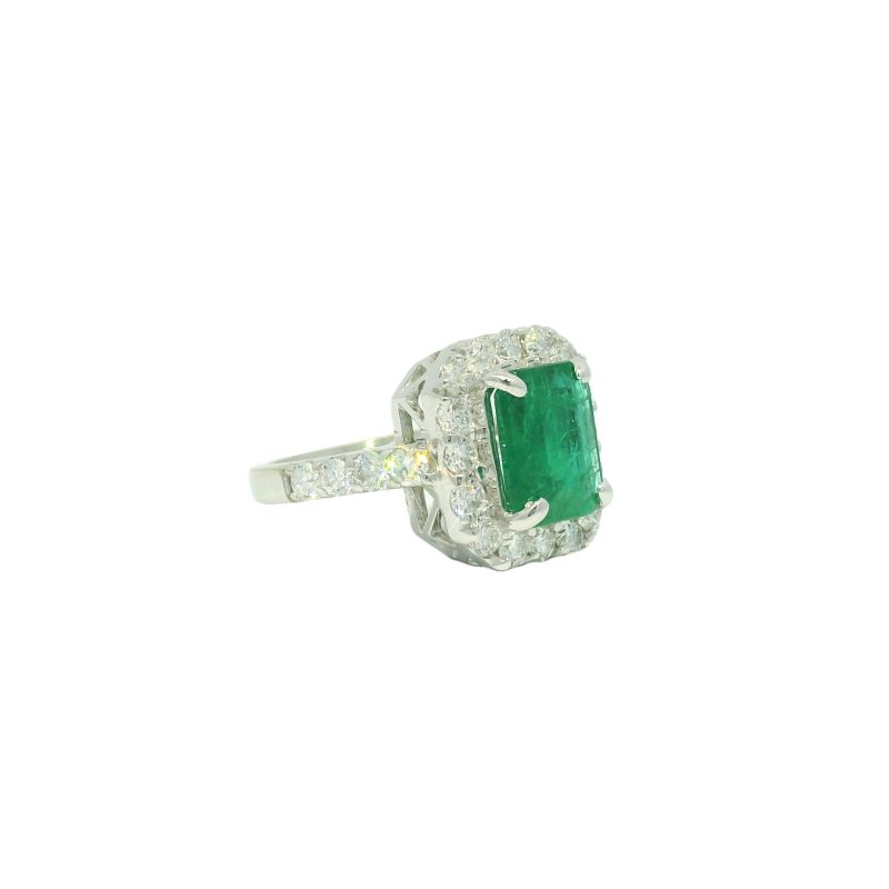 18k White Gold Natural 3.95 Carat Emerald & Natural Diamond Halo Ring