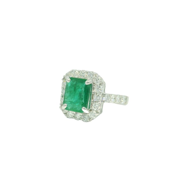 18k White Gold Natural 3.95 Carat Emerald & Natural Diamond Halo Ring