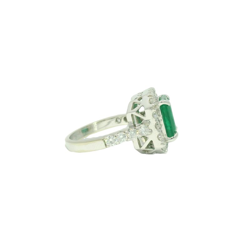 18k White Gold Natural 3.95 Carat Emerald & Natural Diamond Halo Ring