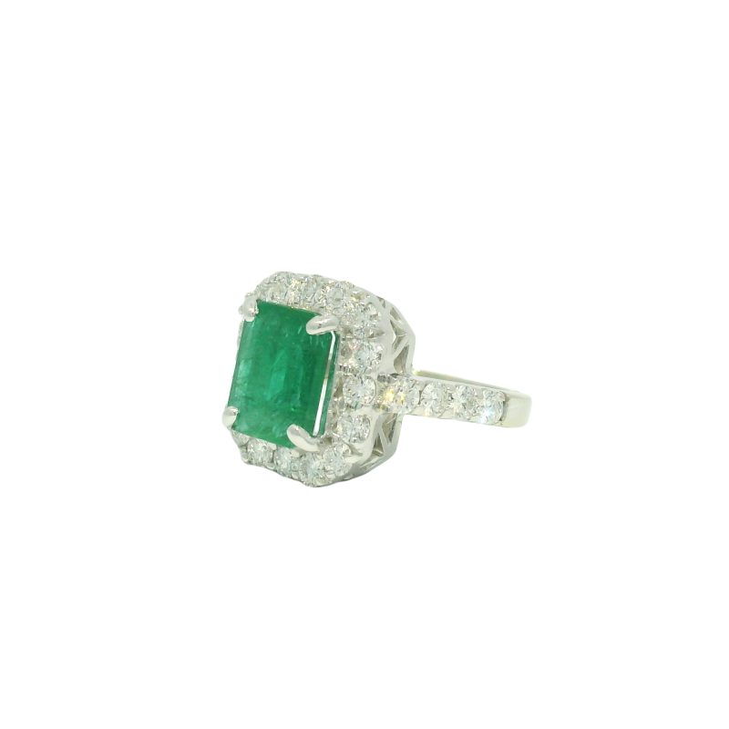 18k White Gold Natural 3.95 Carat Emerald & Natural Diamond Halo Ring