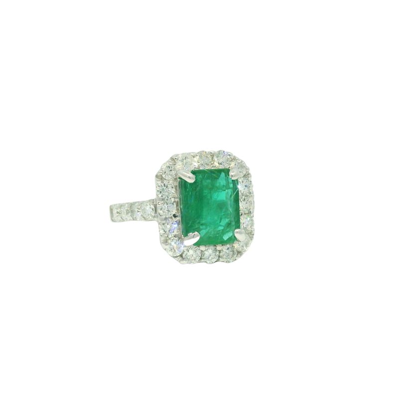 18k White Gold Natural 3.95 Carat Emerald & Natural Diamond Halo Ring