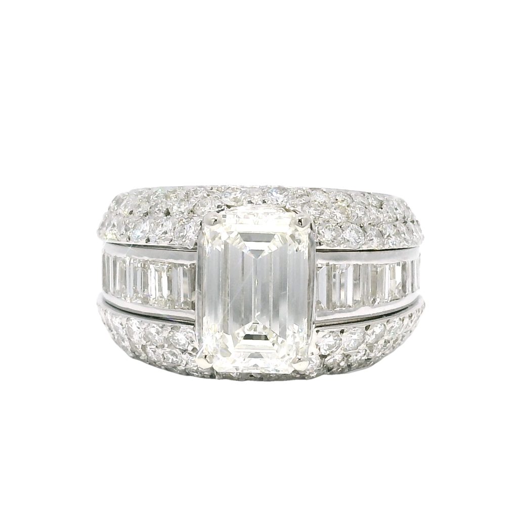 14k White Gold Natural 2.32 Carat Emerald-Cut Diamond Pave Wide Engagement Ring