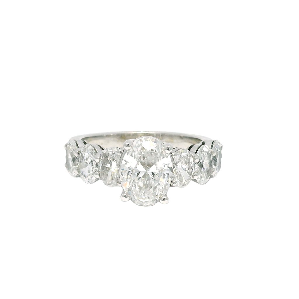 GIA 18k White Gold Natural 1.52 Carat Oval Cut Diamond, 7 Stone Engagement Ring