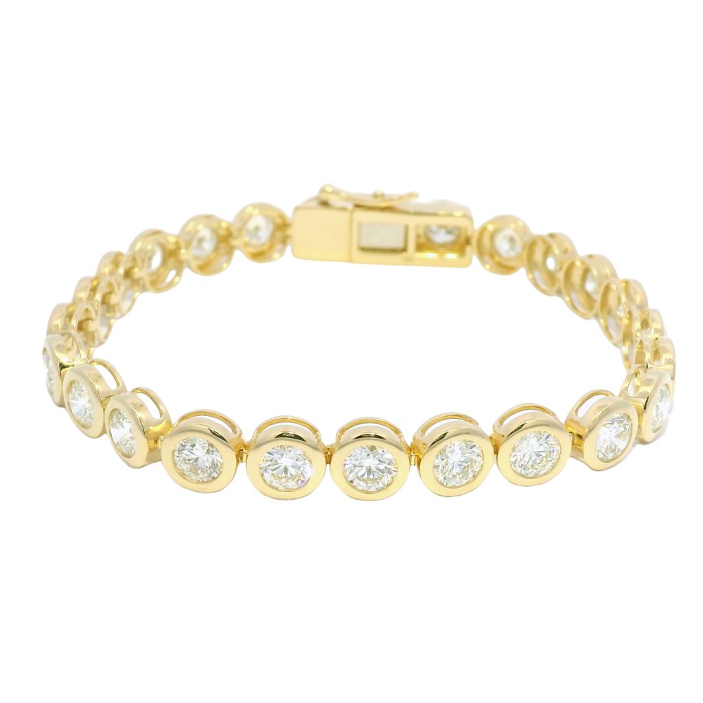 18k Yellow Gold Natural 10.3 Carat Bezel Set Diamond Tennis Bracelet