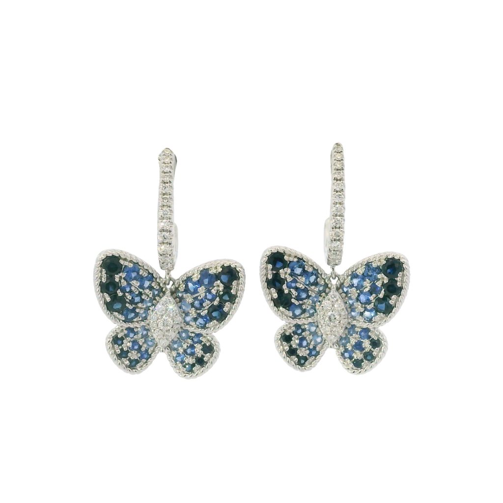14k White Gold Natural 1.15 Carat Sapphire & Diamond Butterfly Drop Earrings