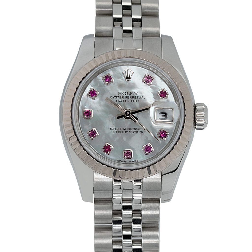 Rolex 179174NGR Datejust Stainless Steel Mother of Pearl Ruby Dial Ladies Watch