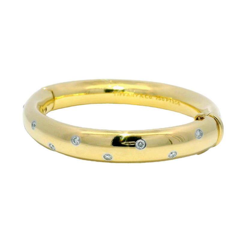 Tiffany & Co. 18k Yellow Gold Scattered Diamond Hinged Solid Bracelet