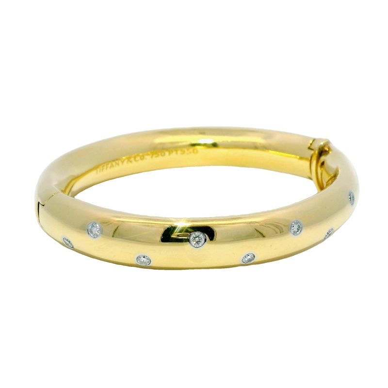 Tiffany & Co. 18k Yellow Gold Scattered Diamond Hinged Solid Bracelet
