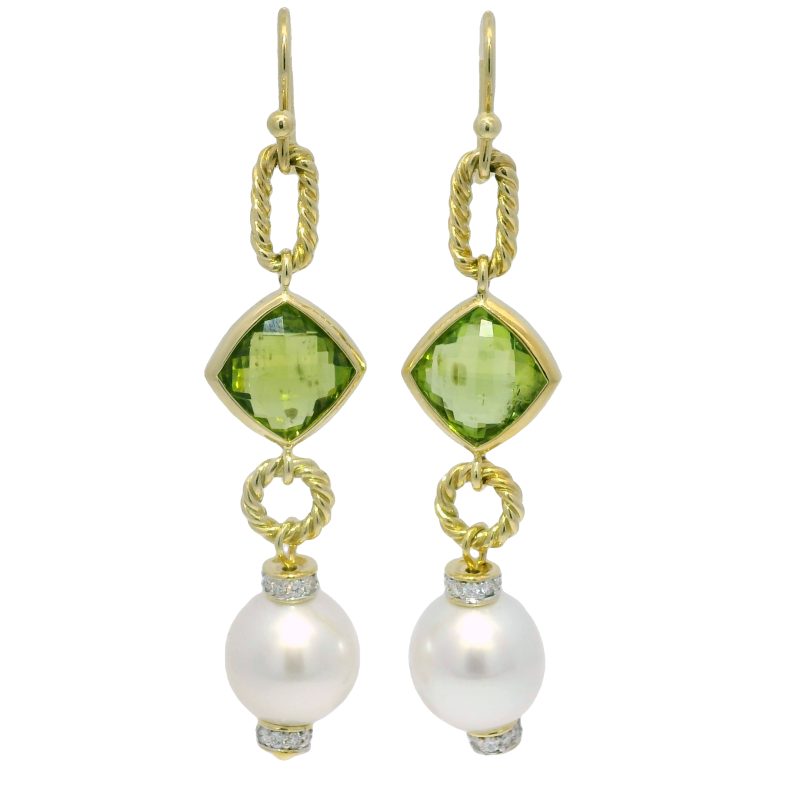 David Yurman 18k Yellow Gold Peridot, Pearl & Diamond Drop Earrings