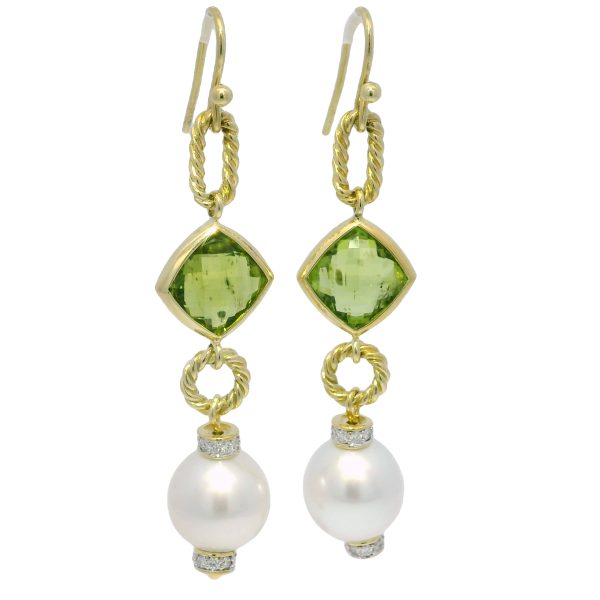 David Yurman 18k Yellow Gold Peridot, Pearl & Diamond Drop Earrings