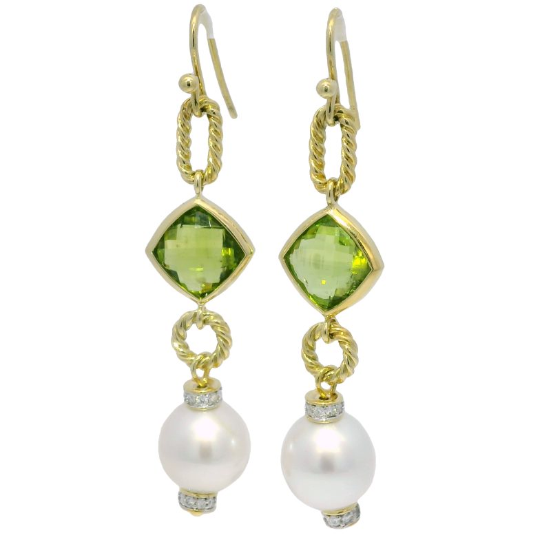 David Yurman 18k Yellow Gold Peridot, Pearl & Diamond Drop Earrings