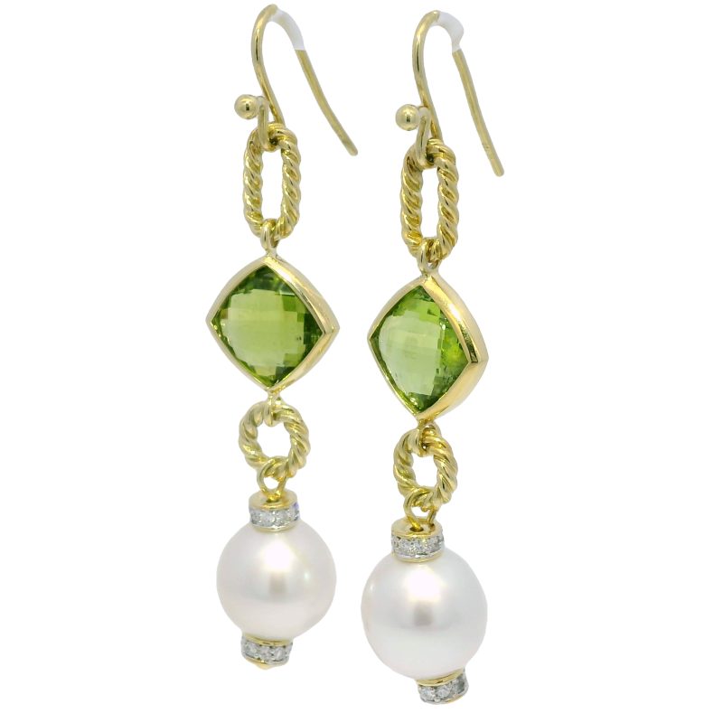 David Yurman 18k Yellow Gold Peridot, Pearl & Diamond Drop Earrings
