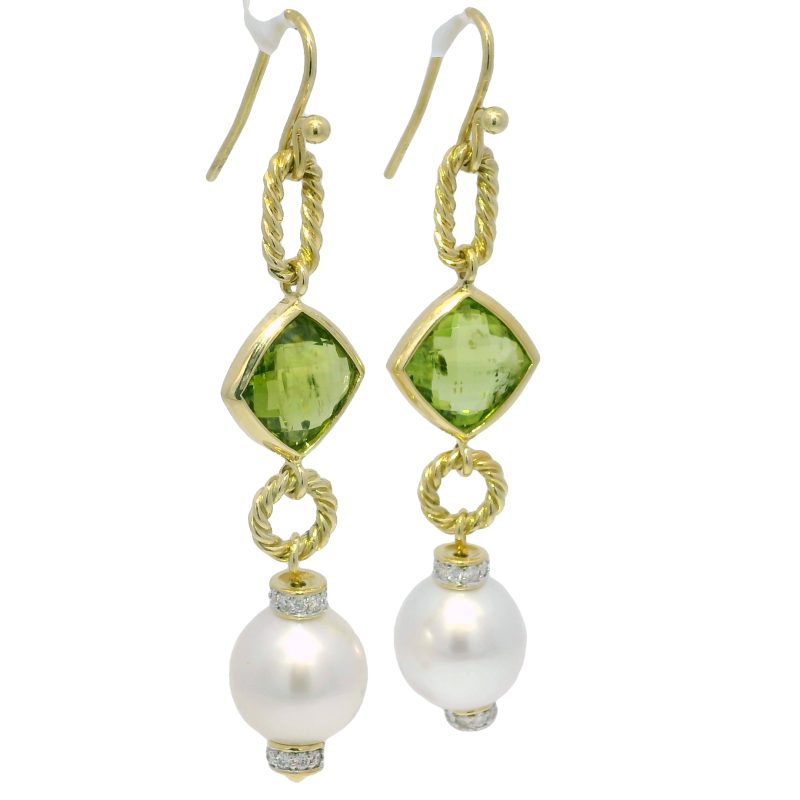 David Yurman 18k Yellow Gold Peridot, Pearl & Diamond Drop Earrings