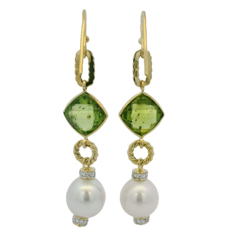 David Yurman 18k Yellow Gold Peridot, Pearl & Diamond Drop Earrings