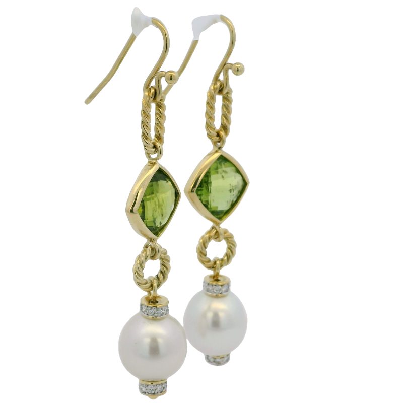 David Yurman 18k Yellow Gold Peridot, Pearl & Diamond Drop Earrings