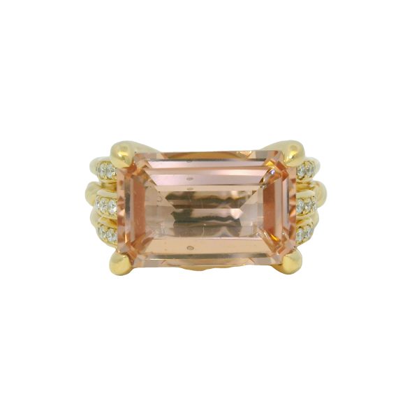 David Yurman 18k Yellow Gold Pink Morganite Emerald Cut and Diamond Ring