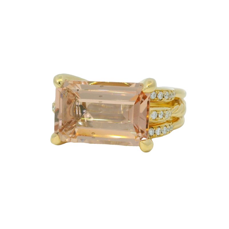 David Yurman 18k Yellow Gold Pink Morganite Emerald Cut and Diamond Ring