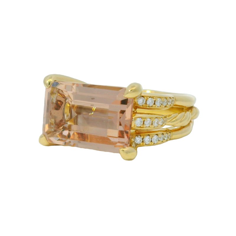 David Yurman 18k Yellow Gold Pink Morganite Emerald Cut and Diamond Ring