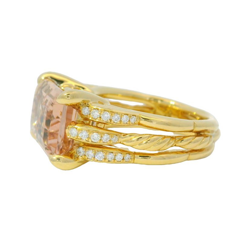 David Yurman 18k Yellow Gold Pink Morganite Emerald Cut and Diamond Ring