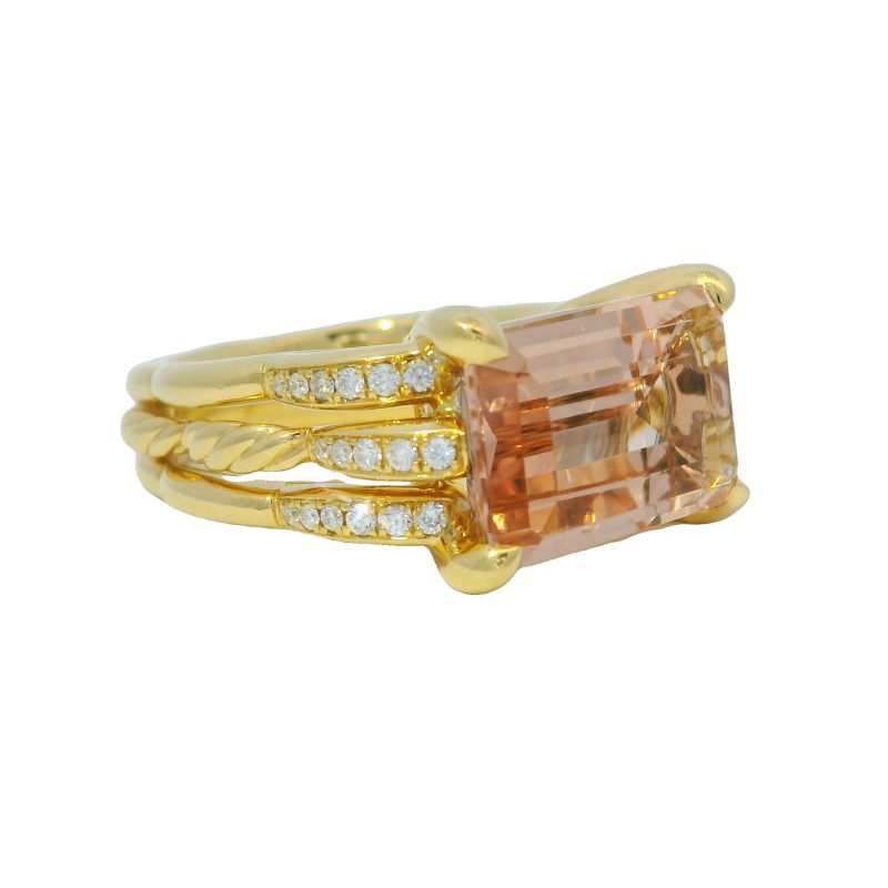 David Yurman 18k Yellow Gold Pink Morganite Emerald Cut and Diamond Ring
