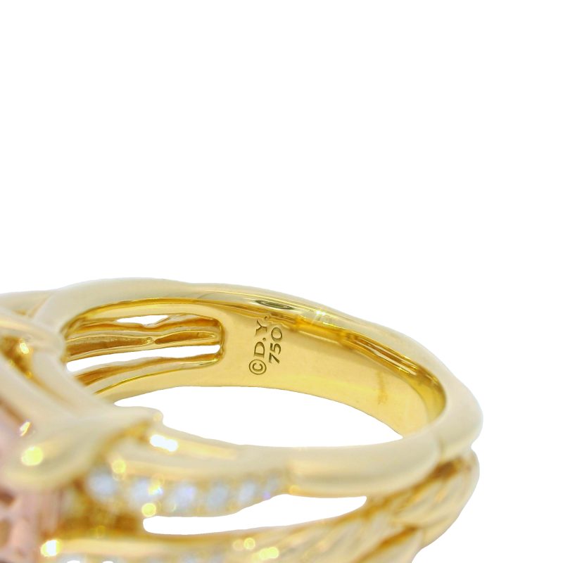 David Yurman 18k Yellow Gold Pink Morganite Emerald Cut and Diamond Ring