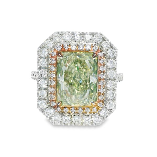 GIA 18k White Gold Natural Green 4.15 Carat Radiant Cut Diamond Double Halo Ring