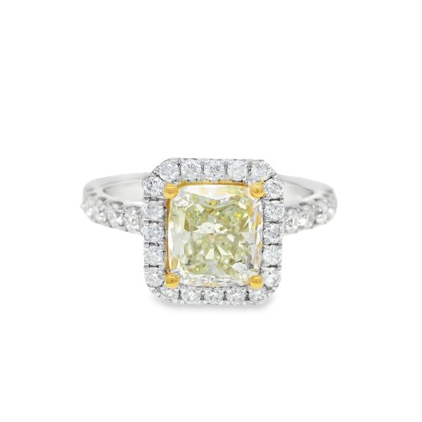 18k White Gold Natural Yellow 1.77 Carat Radiant Cut Diamond Halo Engagement Ring