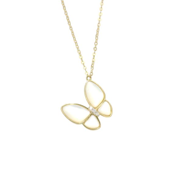 18k Yellow Gold Mother of Pearl & Diamond Butterfly Necklace