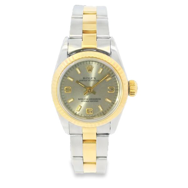 Rolex 67193 Oyster Perpetual Two-Tone Silver Dial Fluted Bezel 26mm Watch