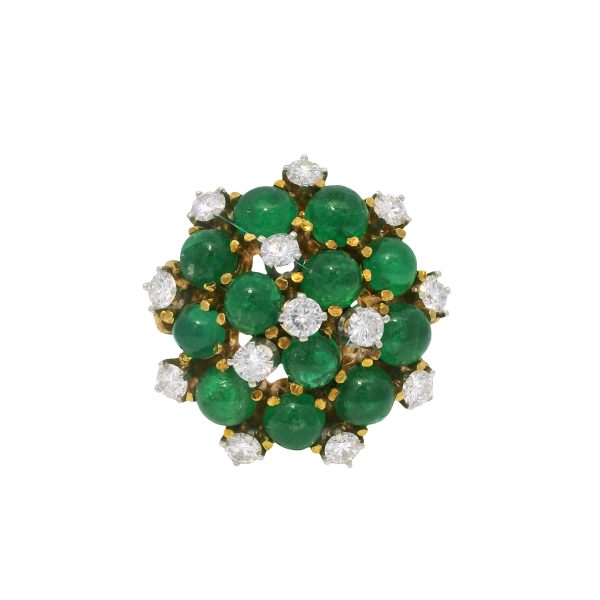 18k Yellow Gold Cabochon Emerald & Diamond Cable Ring