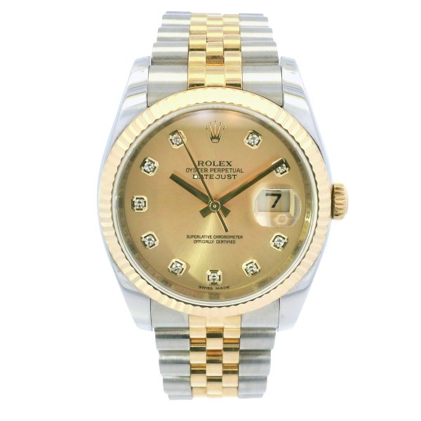 Rolex 116233 Datejust Two-Tone Champagne Diamond Dial Fluted Bezel 36mm Watch